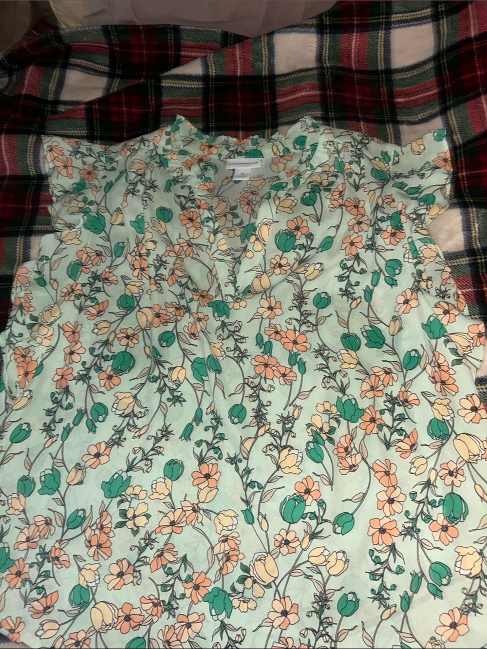 Floral Mint Green Blouse with Peach & Green Flowers
